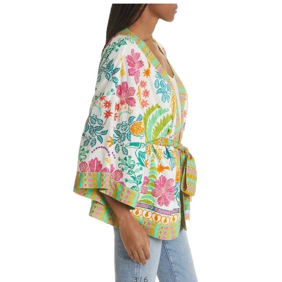 Farm Rio Queen of Fruits Tropical Kimono Jacket SZ‎ Lge Tie Beaded Tassel Fringe - Picture 4 of 16
